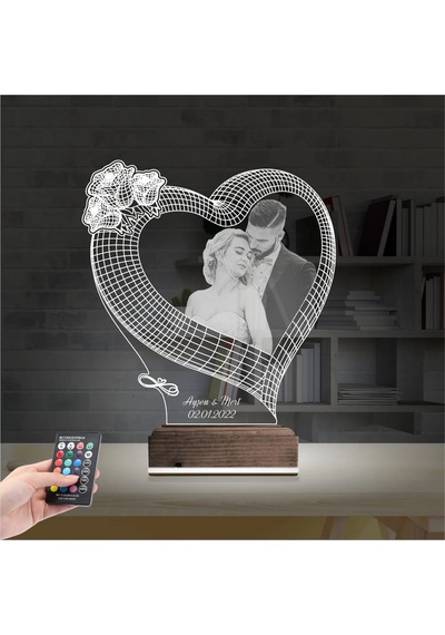 Luvivia Kalp Gül Sevgiliye Hediye Fotoğraflı 3d Lamba - Masa Gece Lambası V1