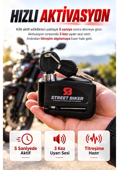 Alarmlı Disk Kilidi 110 Desibel - Titreşim Sensörlü Motosiklet Bisiklet Elektrikli Scooter E Bisiklet