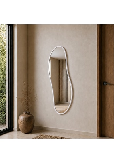 Modern Organik Form Banyo Aynası 40x120 Cm Asimetrik Minimalist Dekoratif Duvar Aynası Beyaz