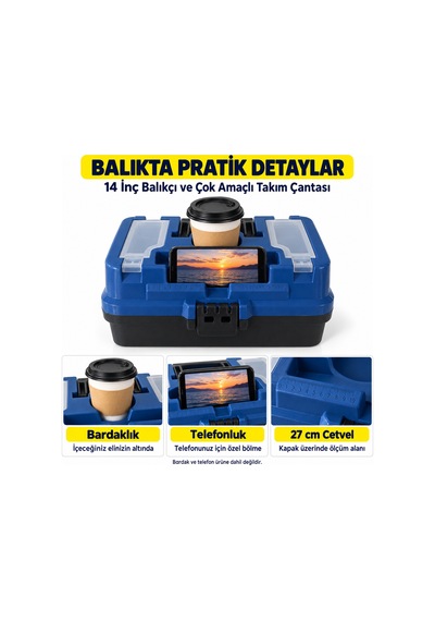 14 İnç Balıkçı Ve Çok Amaçlı Takım Çantası Telefon Ve Bardak Bölmeli Hobi Ve Alet Saklama Kutusu-lacivert-510