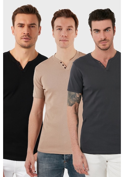 Buratti Pamuklu Düğme Detaylı Slim Fit V Yaka 3'Lü Paket Erkek T Shirt 5902122S3 Antrasit-Taş-Siyah