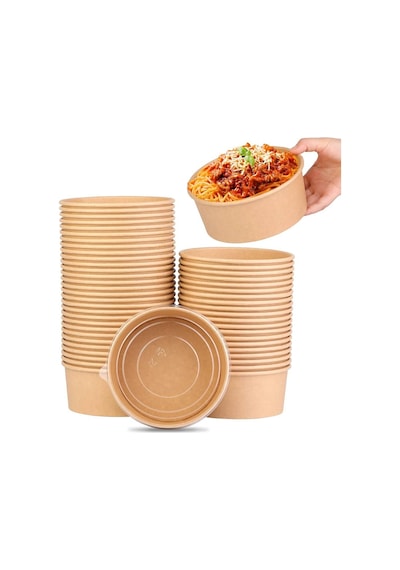 Omeyva Yuvarlak Şeffaf Kapaklı Kağıt Karton Kraft Salata Yemek Kabı Kase- 20 Oz - 590 Ml. - 30 Adet