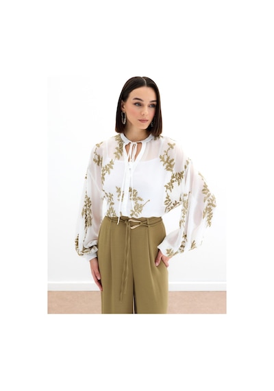 Sateen Nakışlı Şifon Gömlek - Haki-136181 Haki