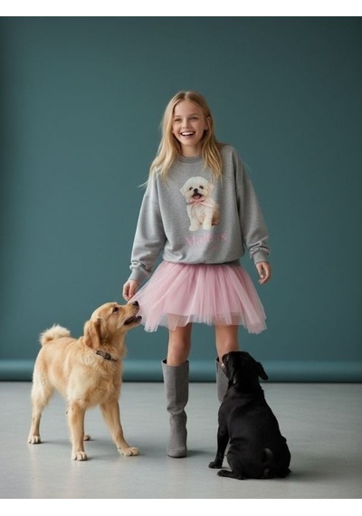 Zekids Kız Çocuk Pamuklu Köpek Baskılı Oversize Tasarım Sweatshirt-16472 Gri