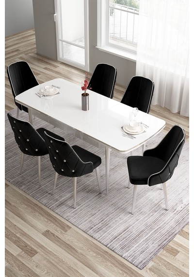 Canisa Tia Serisi 80x132 Açılabilir Mdf Mutfak Masası Takımı Beyaz Masa Krom Detay 6 Siyah Sandalye Masa Beyaz Sandalye Siyah Canisa Tia Serisi 80x132 Açılabilir Mdf Mutfak Masası Takımı Beyaz Masa Krom Detay 6 Siyah Sandalye Masa Beyaz Sandalye Siyah