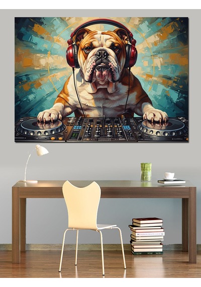 Dj Seti Başında Kulaklıklı Bulldog Dekoratif Kanvas - Mdf Ahşap Tablo