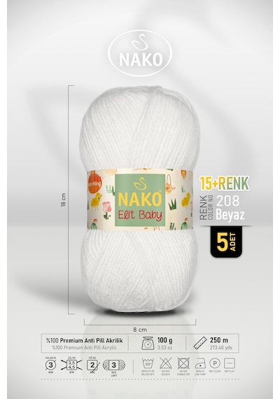 Elit Baby - 208 Beyaz - 5'li Paket - 100gr/250m - Bebek İpi - Anti Pilling Tüylenmez İp