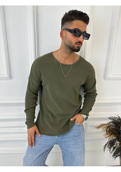 Elku Moda Kazak Oversize Örme Natural Pamuk Tüylenmeyen Kazak Salaş Tarz Triko Sweatshirt Haki - Yeşil