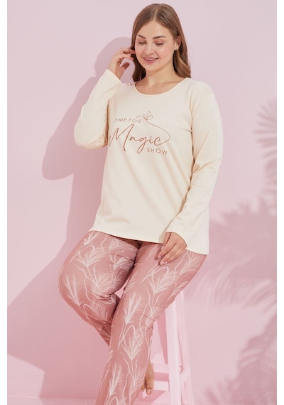 Siyah İnci Pamuklu Curve Büyük Beden Battal Boy Örme Pijama Takım24240750 Krem