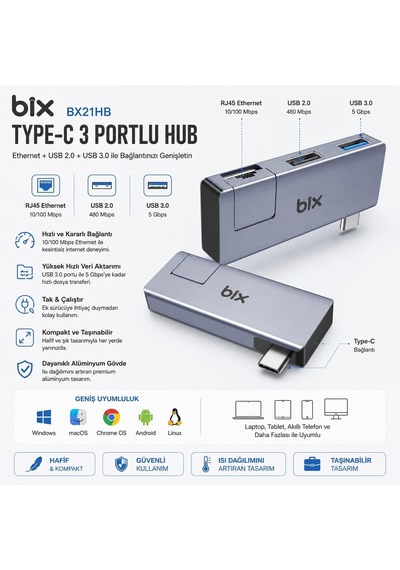 Bix Bx21hb 3in1 Type-c To Usb 3.2 Usb 2.0 Rj45 10/100 Dönüştürücü Adaptör, Macbook Type C Ethernet Çevirici Usb Hub