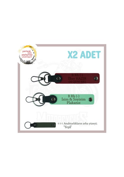 Motorcu Dostlara Özel, İsim Plaka Ve B Rh - Kan Grubu Yazılı X2 Anahtarlık Set, Yeşil-bordo-ysl