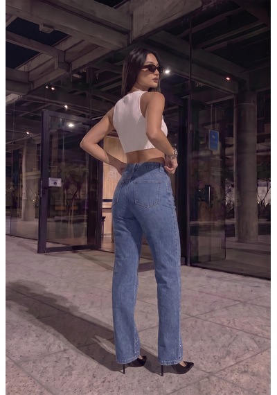 Kadın Mavi Likralı Yüksek Bel Önü Full Taşlı Wide Leg Geniş Paça Jean Kot Pantolon