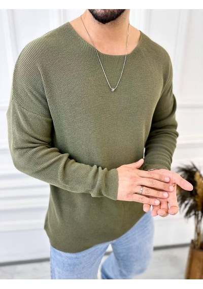 Elku Moda Kazak Oversize Örme Natural Pamuk Tüylenmeyen Kazak Salaş Tarz Triko Sweatshirt Haki - Yeşil