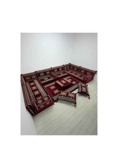 Yıldız Modeli Bordo Otantik Şark Köşesi Takımı U Set - Yer Minderi Seti 10 Cm Minder Kalınlığı 18 Parça
