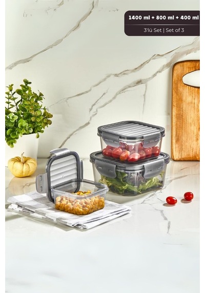 Quick Sızdırmaz Saklama Kabı Seti 3'lü Set, 1,4 Lt + 800 Ml + 400 Ml Füme