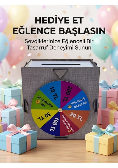 Renkli Şans Çarklı Para Biriktirme Oyunu Eğlenceli Tasarruf Kutusu Ahşap Challenge Kumbarası