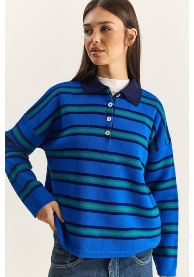 Shade Polo Yaka Çizgili Basic Triko Kazak 20258061 - Saks
