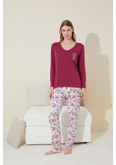 Siyah İnci Pamuklu Örme Pijama Takım 24240104 Bordo