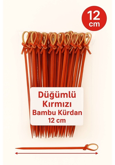 Düğümlü Kırmızı Bambu Kürdan 12 Cm, Şık Davet Ve Kokteyl Sunum Çubuğu 50 Li Paket