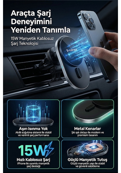 15w 360 Magsafe Uyumlu Kablosuz Araç İçi Şarjlı Telefon Tutucu Havalandırma Izgarası Montajlı 1
