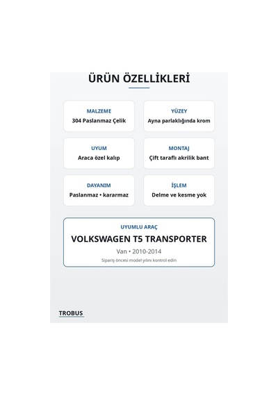 Volkswagen T5 Transporter 2010-2014 Uyumlu Krom Ön Panjur Çıtası 2 Parça Paslanmaz Çelik