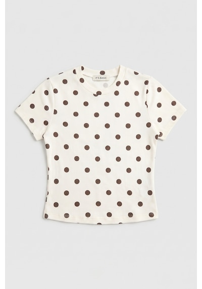 Kadın Ekru Puantiyeli S6-101 Crop Fit T-shirt