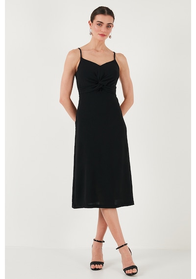 Lela Büzgü Detaylı Regular Fit V Yaka Midi Boy Bayan Elbise 6788886 Siyah