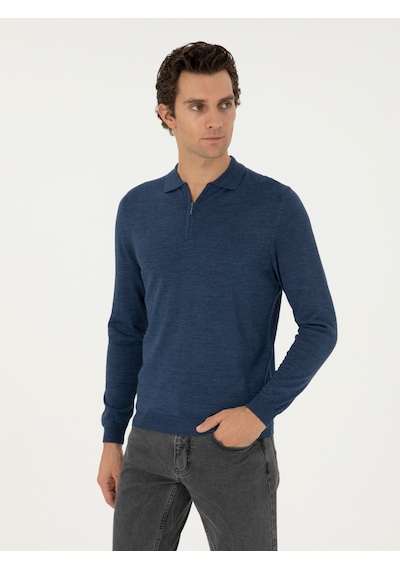 Cacharel İndigo Regular Fit Yün Karışımlı Fermuarlı Polo Yaka Basic Triko Kazak Mavi