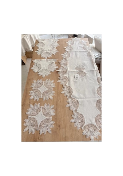 Salon Takımı Çeyizlik Krem Runner Set 5 Parça Keten Ranır Masa Konsol Sehpa Örtüsü Lady Bzckh1968 Çok Renkli