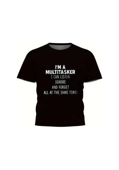 Barlashive Erkek T-shirt Komik 'multitasker' Baskılı Kısa Kol Tişört - Siyah Çok Renkli