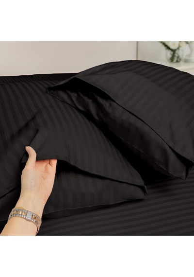 %100 Pamuk Çizgili Saten Yastık Kılıfı 50 X 70 Cm 2'li Paket Siyah Bebe Pembe - Kırık Beyaz