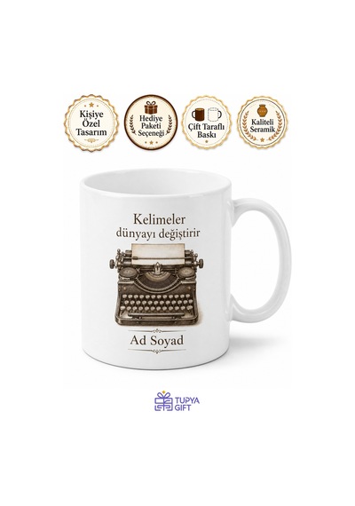 Daktilo Temalı Nostaljik Baskılı Kupa Bardak Edebiyat Hediye Beyaz / Çok Renkli