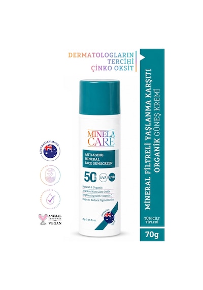 Minela Care Antiaging Organik Mineral Filtreli Yüz Güneş Kremi SPF50 70 G