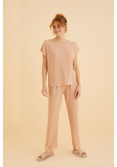 Siyah İnci Dantel Detaylı Soft Touch İnce Örme Pijama Takım Vizon