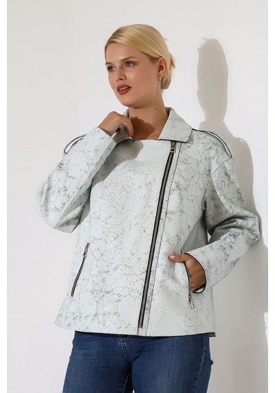 M M Marki Marki Kadın Hakiki Deri Ceket, Beyaz, Oversize, 73 Cm, İngiliz Yaka, Fermuarlı Gri