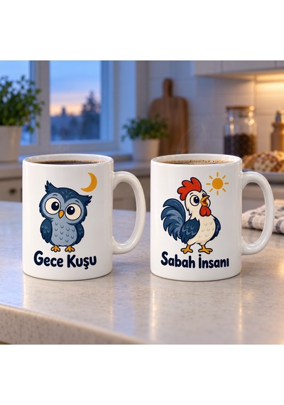 Gece Kuşu Ve Sabah İnsanı 2'li Porselen Kupa Seti - Model 383 Çok Renkli