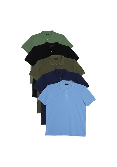 Tudors Erkek 5'li Paket Siyah-haki-su Yeşili-koyu Mavi-lacivert Slim Fit Dar Kesim Pamuklu Düz Pike Polo Yaka Tişört-34404 Multi