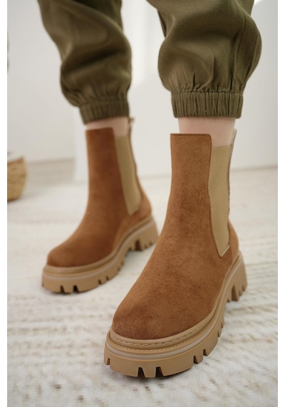 Nesil Shoes Dvm 5004 Taba Süet Çift Lastikli Kadın Bot-taba Süet Taba