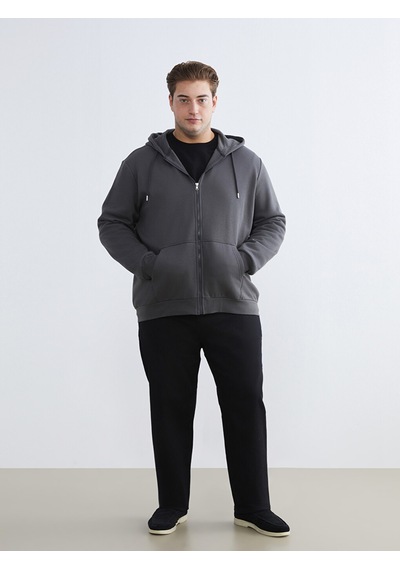 Lcwaıkıkı Classic Gri Büyük Beden Kapüşonlu Erkek Kalın Fermuarlı Sweatshirt