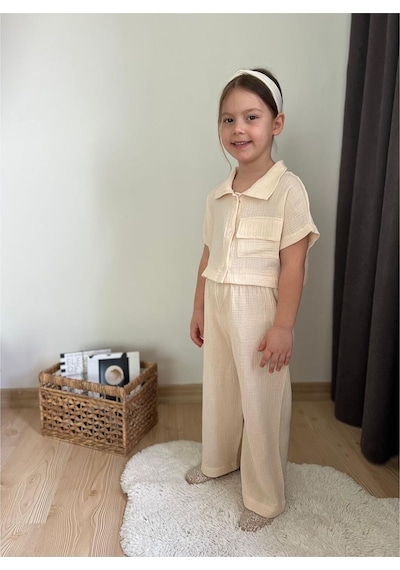 My Kids Wear Müslin Kumaş Kız Çocuk Takım KREM