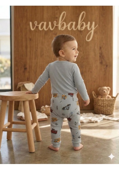 Vavbaby 2li Desenli %100 Pamuklu Kız Bebek Body Pantolon Takım-araba Gri