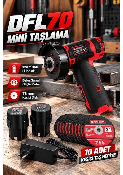 Lb Dfl70 12v 2.0ah Çift Akülü Mini Taşlama Makinesi 76 Mm Kesici Disk 10 Adet Taş Hediyeli