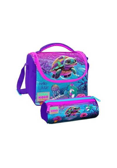 Coral High Pembe Mor Kaplumbağa Desenli Kız Çocuk Isı Yalıtımlı Beslenme Çantası Ve Kalemlik Seti