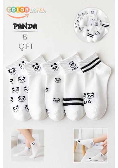5 Çift Beyaz Panda Desenli Yarım Kolej Kadın Çorap Seti Beyaz