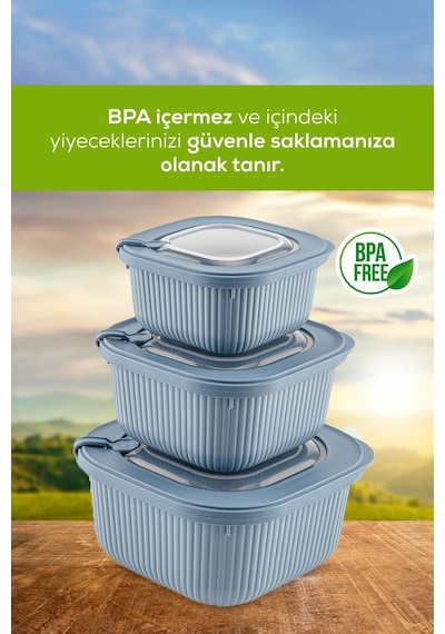 Vienev Mikrodalga Ve Difrize Uygun Vip Kapaklı Özel Saklama Kabı Seti Mavi 3'lü Mavi