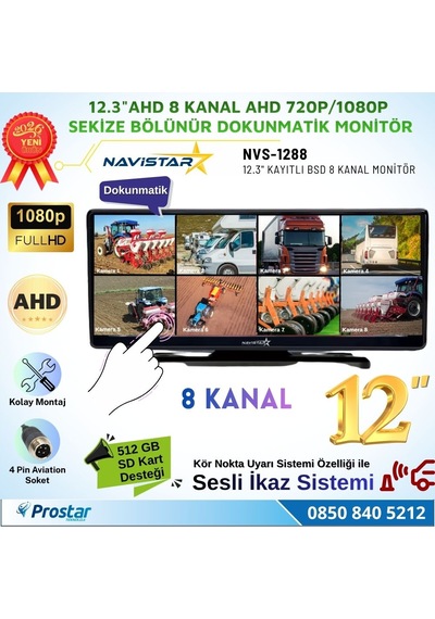 12.3 İnç 8 Kanal Full Hd Ahd Geniş Ekran Dokunmatik Kayıtlı Araç Monitörü 12-24v