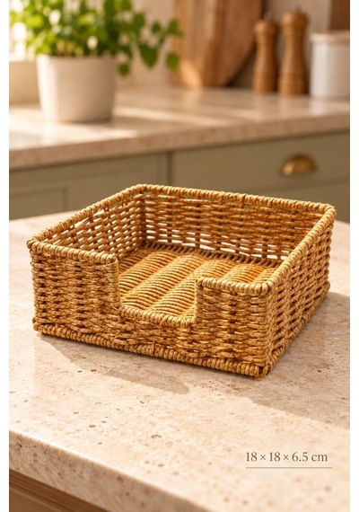 Atbyhome Hasır Rattan Kare Peçetelik 18x18x6.5 Cm - Masa Üstü Kolay Çekme Oyuklu Peçete Sunum Sepeti Kahverengi