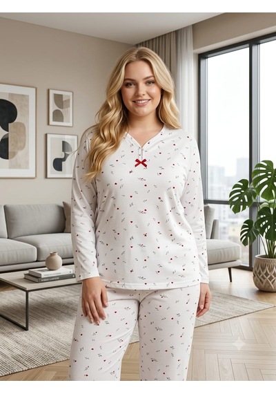 Büyük Beden Uzun Kol Pamuklu Likralı İnterlok Kumaş Pijama Takımı Beyaz