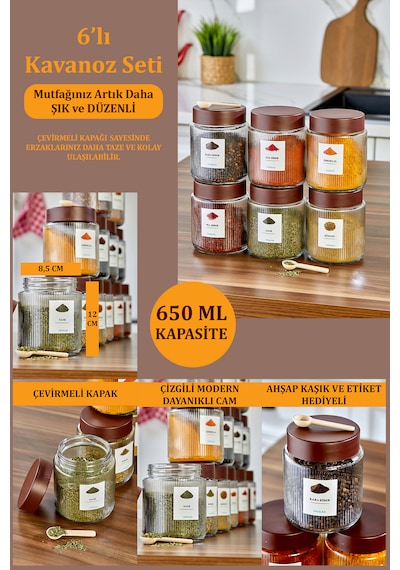 6'lı Çizgili Kalın Cam Kavanoz Baharatlık Bakliyat Saklama Kavanozu Seti 650 Ml Şeffaf