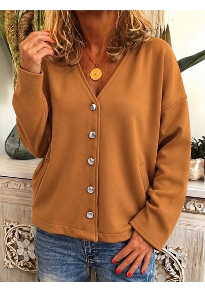 Zenna Tarz Kadın Düğme Detaylı V Yaka Oversize Camel Ceket / Hırka